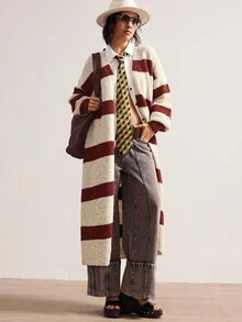 Bohemela Boho Women's Beige Autumn 90s Retro Back-To-School Long Cardigan,Vintage Loose Striped Knit Sweater,Western Country Style School Concert Vacation - Khaki - View 3