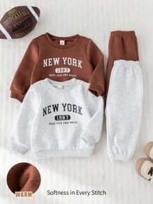 Cozy Pixies 4pcs Baby Boy Letter Print Soft Knit Crew Neck Long Sleeve Hoodie & Elastic Waist Ankle Pants Set Graphic Fall Winter - Multicolor - View 4
