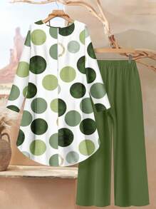 SHEIN RusticEase Bộ 2 áo thun dài tay cổ tròn rộng rãi và quần dài cho nữ, trang phục mùa hè, họa tiết hình tròn - Nhiều màu - Xem 2