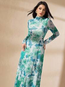 Graceveil Spring/Summer Fashion Mesh Floral Print Slim Fit Women Dress Fall Cloth For Women - Green - View 6