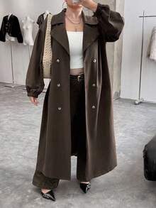 SHEIN EZwear 2025 秋冬新款休闲户外、派对、约会、度假多场合百搭大翻领双排扣系带超长驼色加大码风衣 - 咖啡棕 - 查看 5