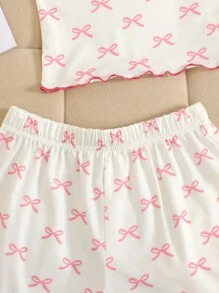 SHEIN 3pcs Tween Girls Casual Knit Pajama Set, Pink Cute Bow Print Camisole, Long Pants & Shorts - Baby Pink - View 4