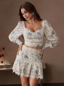 SHEIN Unity Ladies' Spring/Summer Easter Bohemian Floral Lace Splicing Blue Two Pieces Set - Blue - View 4