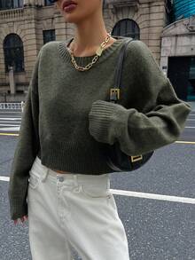 DAZY Loose Fit Cropped Pullover Sweater For Women, Versatile New Style Fall - Army Green - View 6
