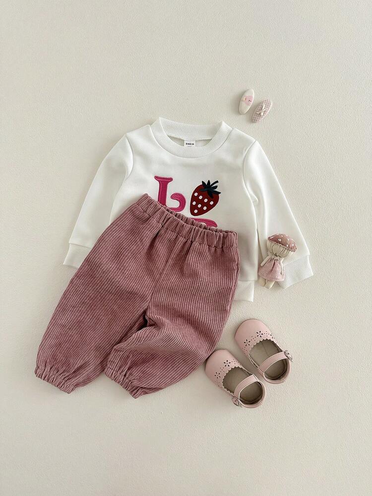SHEIN 2pcs Baby Girls Casual Sweatshirt & Pants Set, Round Neck Long Sleeve Pullover Top, Elastic Waist Tapered Leg Pants, Fashionable Strawberry & English Letter Embroidery, Comfortable For Daily Wear, Autumn/Winter - Multicolor - View 5