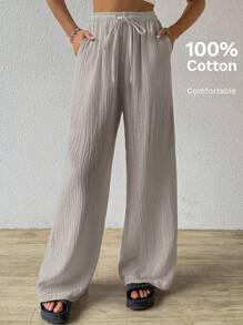 SHEIN EZwear 夏季纯色纹理褶皱面料宽松抽绳腰系带纯棉休闲度假阔腿裤，加大码 - 灰色 - 查看 5