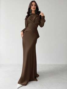 Firerie Women's Elegant Apricot Satin Asymmetric Hem Satin Skirt,Fall - Coffee Brown - View 4