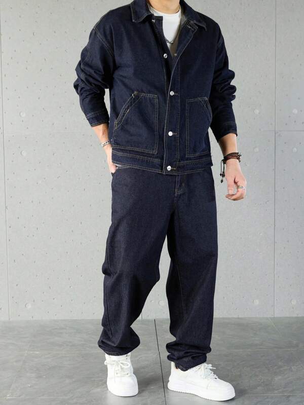 Manfinity Homme Męski jednokolorowy, swobodny, długi rękaw, top i długie spodnie, dżinsowy garnitur, męski zestaw dżinsowy, granatowy, 2-częściowy zestaw, ubrania na jesień