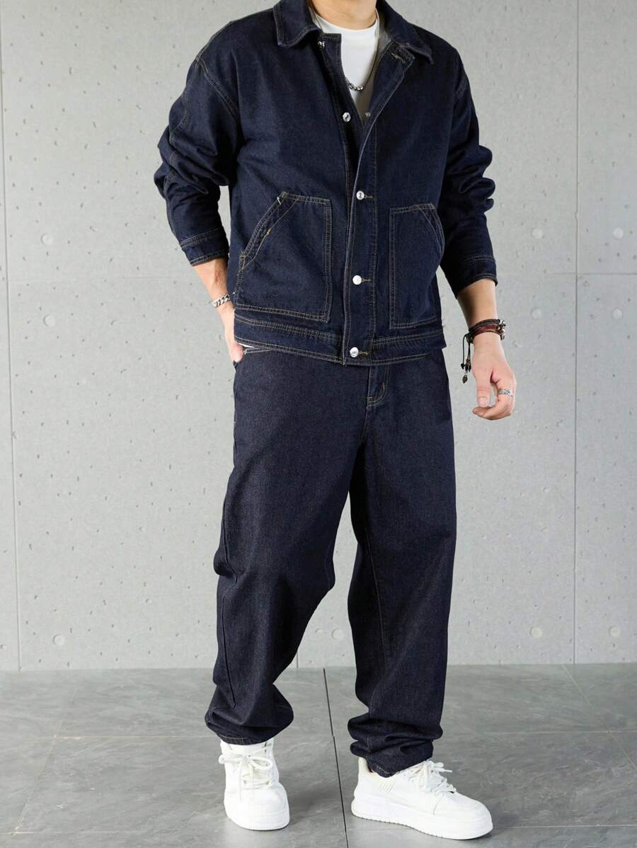 Manfinity Homme Bộ đồ denim nam màu trơn dài tay thường ngày và quần dài, bộ đồ denim nam, bộ đồ denim xanh navy 2 món, quần áo mùa thu - Màu xanh hải quân - Xem 1