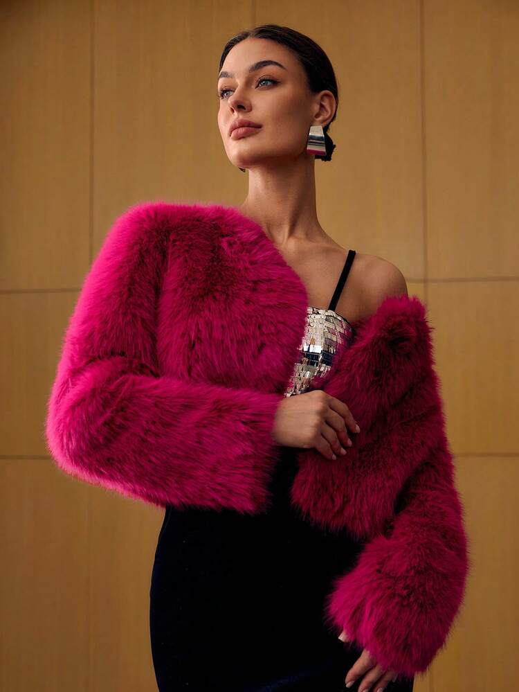 CROP LONG SLEEVE FAUX FUR COAT