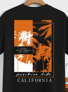 Manfinity Homme 棕榈树和字母印花错位拼色男士休闲海滩度假短袖T恤和短裤套装