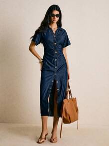 Poéselle 新款女式牛仔连衣裙短袖前襟收腰紧身长裙深蓝色连衣裙秋季女士连衣裙返校万圣节服装女教师连衣裙婚礼宾客连衣裙女式商务休闲装女式约会夜装 - 深色水洗藍 - 查看 7