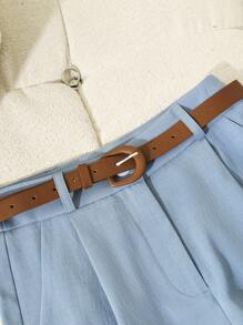 Airaco 女士缺口领浅蓝色西装外套+腰带短裤时尚套装 - 藍色 - 查看 3