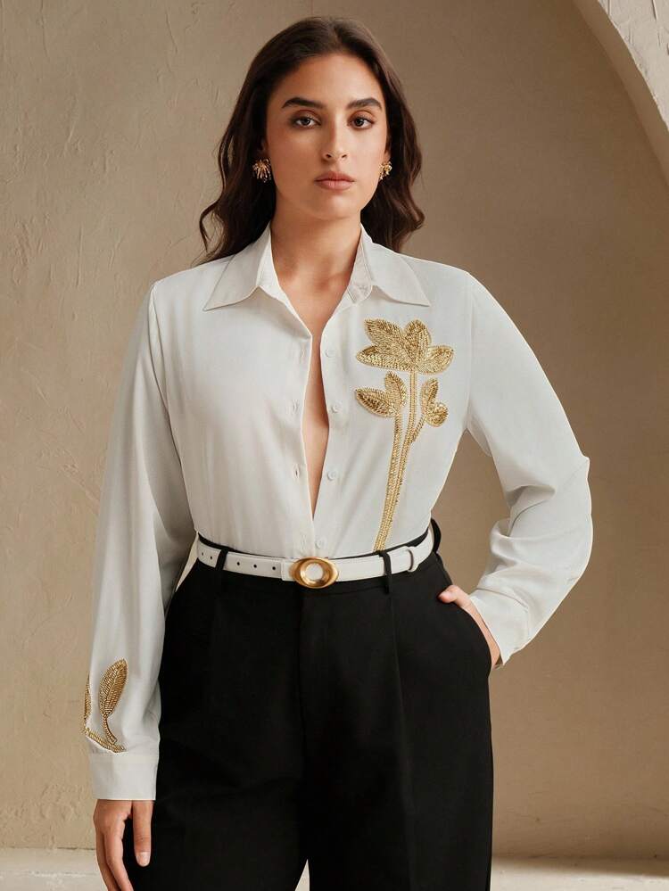 Anewsta Women Plus Size Elegant Long Sleeve Beaded Embroidery Pattern Blouse