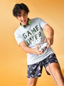 Men Slogan Graphic PJ Set / Pajama Set - Multicolor - View 3