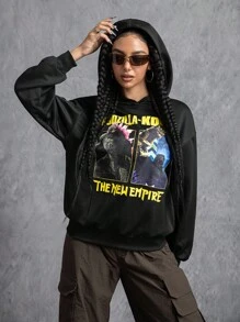 GODZILLAxKONG X SHEIN Áo nỉ trùm đầu rộng rãi họa tiết quái vật và chữ cái dành cho nữ - màu đen - Xem 3