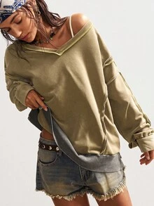 Bohemela Boho Autumn/Winter Vintage Casual Women's Casual Solid Color V-Neck Long Sleeve Loose Knit Oliver Green Sweatshirt Earthy , Western Country Style Concert Vacation, Suitable For Vacation & Daily Wear & Back To School & Going Out, Halloween