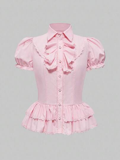 Kawaii Blusa ajustada con volantes y mangas abullonadas para mujer
