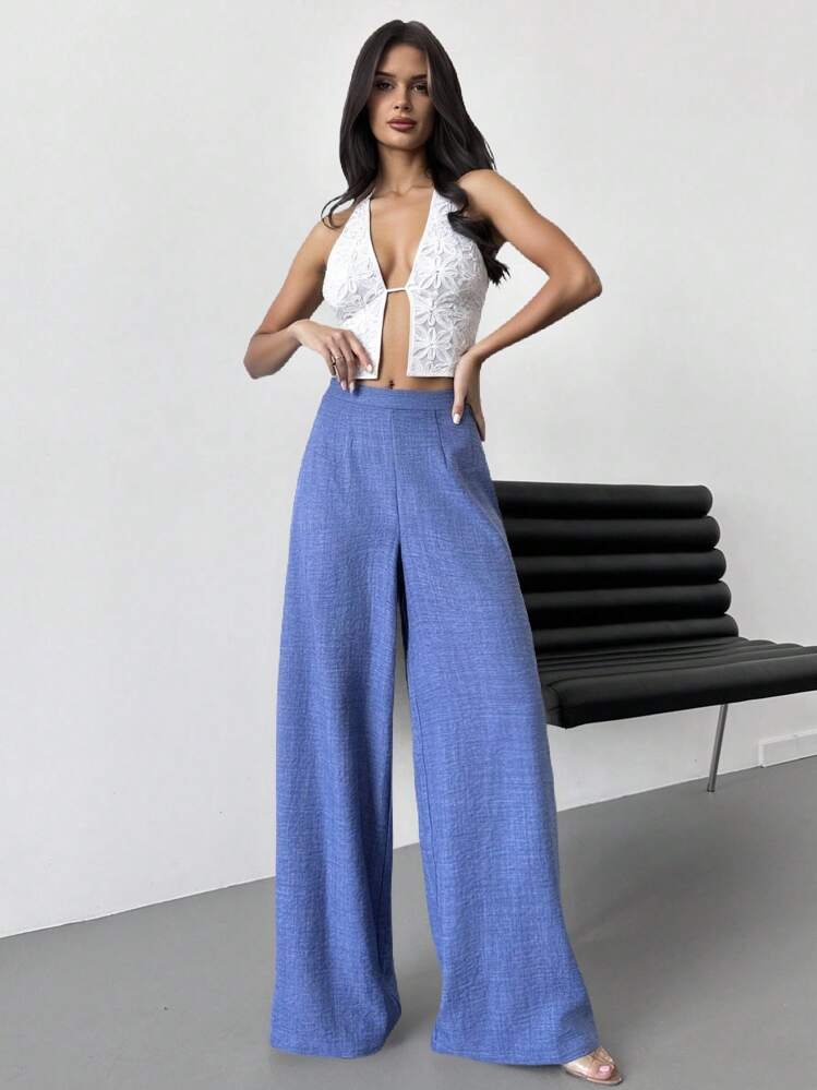 Firerie Quần ống rộng dài cạp cao thường ngày cho nữ, màu xanh, phù hợp với trang phục đi biển, trang phục đi sân bay, - Màu xanh lam - Xem 8