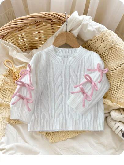 SHEIN Baby Girl Bow Decor Cable Knit Casual Pullover Sweater Baby Girl Winter Sweaters Baby Girl Sweater With Bows Baby Knitwear Baby Girl Jumper White Cable Knit Baby Sweater Fall