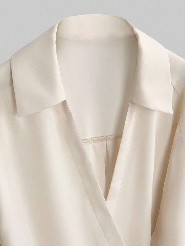 SHEIN LUNE 大码休闲纯色系腰衬衫和裤子 2 件套 - 杏色 - 查看 5