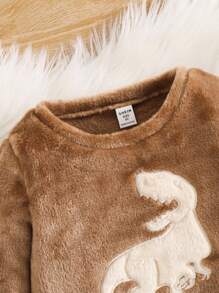 SHEIN 2 件套小男孩卡通刺绣恐龙图案圆领长袖上衣和长裤，柔软舒适双面法兰绒睡衣套装，冬季 - 卡其色 - 查看 7