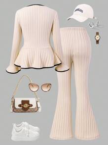 Sparklyn Tween Girl Contrast Trim Bell Sleeve T-Shirt And Flared Pants Set Fall Winter