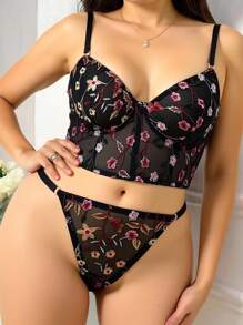 ROMWE Conjunto de lencería de encaje con bordado, sin aro, de talla grande - Negro - Ver 4