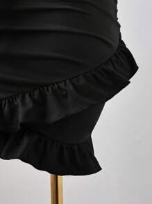 Sweetra Plus Size Women's Sexy V-Neck Tie-Up Ruched Waist Hollow Out Bodycon Dress - Black - View 4