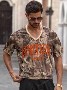 Manfinity VCAY Men's Casual Letter Print Loose Fit Drop Shoulder V-Neck Short Sleeve T-Shirt, Suitable For Daily Wear Camo Graphic Tee Camo Jersey Shirt Men Oversized Crop Printed Graphic Tee Oversized Graphic Tee - Multicolor - View 9
