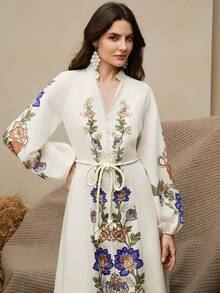 Anewsta Đầm nữ in hoa tay phồng dáng rộng thanh lịch phong cách Boho, đầm nữ. - Màu be - Xem 6