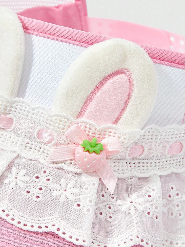 ROMWE Kawaii 1 件粉色和白色可爱蝴蝶结蕾丝兔耳装饰棒球帽，适合女士，简约露顶太阳帽 - 粉色 - 查看 3