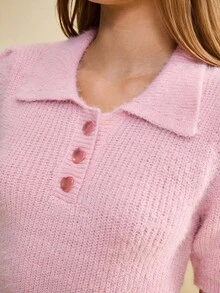 SHEIN Unity Women's Light Pink Autumn Casual Lounge 2 Pieces Set,Fluffy Heart Button Short Sleeve Sweater And Low Waist Shorts,Warm Gentle Elegant Style,Dates - Pink - View 4