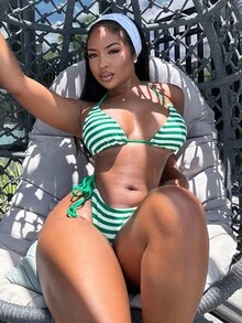 Alexandranx Women's Summer Beach Striped Halter Tie Sexy Bikini Swimsuit Set - Green - View 5