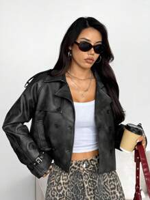 SHEIN EZwear Women's Shoulder Pad Long Sleeve Double-Breasted PU Leather Fashion Short Jacket Autumn Winter Clothes For Women - Black - View 6