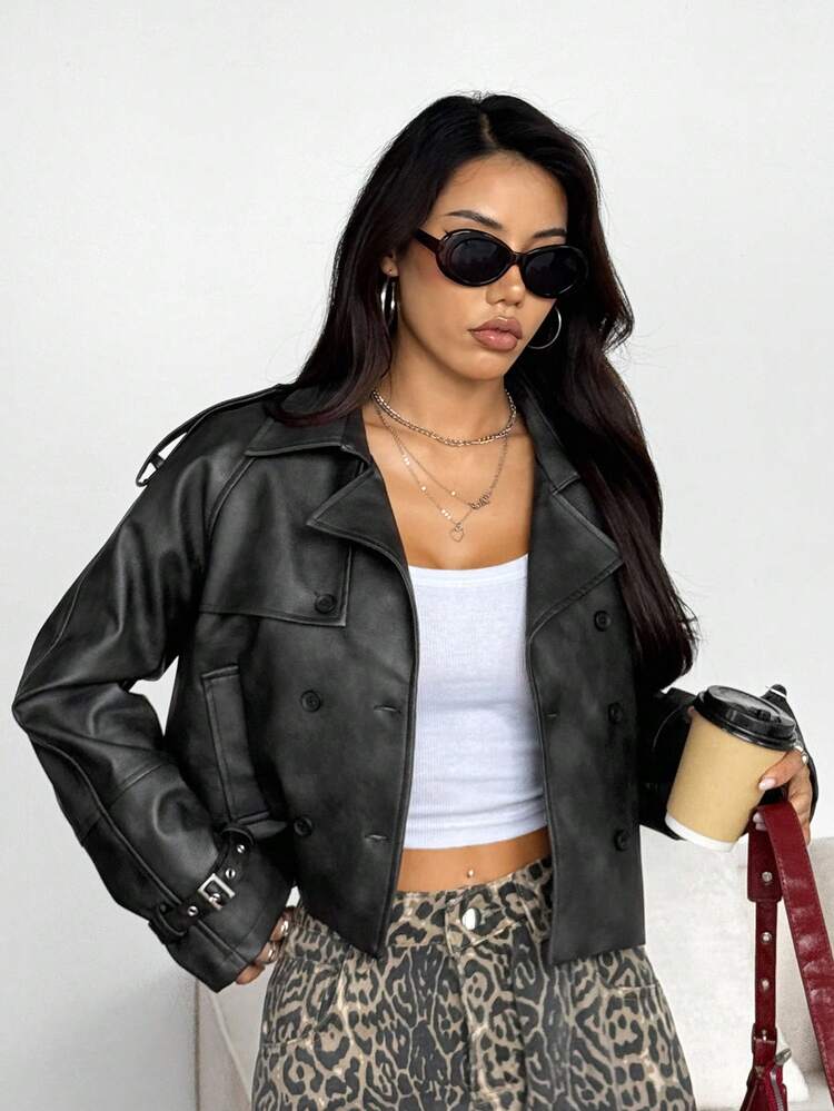 SHEIN EZwear 女士垫肩长袖双排扣PU皮革时尚短款夹克秋冬女装 - 黑色 - 查看 6