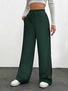 SHEIN Cottnline Women's Solid Color Drawstring Waist Cargo Pants - Dark Green - View 5