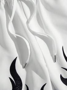 AXEPEAK 男士针织休闲短裤，足球风格，带火焰字母印花图案，火，情绪，2000 年代风格