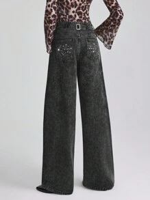 SHEIN Essnce 女式休闲宽松口袋牛仔阔腿牛仔裤 - 黑色 - 查看 2