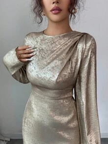 Elenzga 女士天鹅绒面料喇叭袖不对称设计后系腰鱼尾优雅中长连衣裙，适合日常通勤 - 金色 - 查看 6