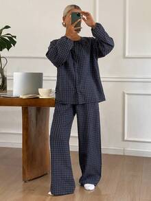 DAZY 格子灯笼袖上衣和裤子宽松女士家居服套装，秋冬服装，舒适套装 - 藏蓝色 - 查看 7
