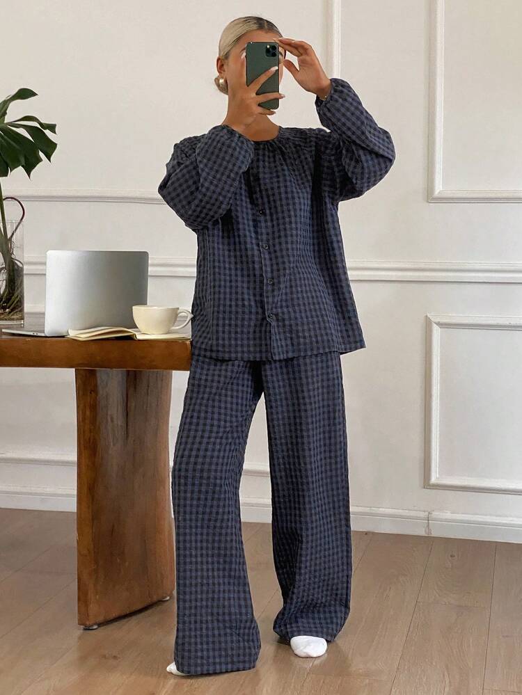 Plaid Lantern Sleeve Top & Pants Loose Women's Lounge Set, Fall Winter Clothes, Cozy Outfits