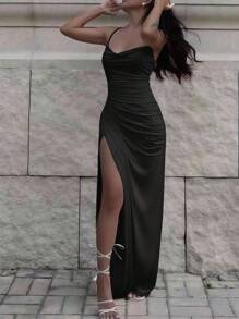 INAWLY 性感合身低胸褶皱开衩交叉吊带连衣裙 - 黑色 - 查看 4