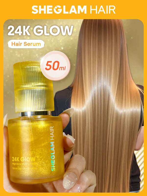 SHEGLAM HAIR 24K Glow High Shine Styling Serum-50ml/1.69 FlOz,24K Gold 10 IN 1Hair Care Daily Essential Serum,Soften Hair With Almond Oil & Macadamia Oil For Hair Reduces Frizz And Damage,Adds Shine -24KK Light As Air,Gloss As Gold,Fine Perfume Smells High Temp Protection Repair Essence Suitable For All Hair Types Graduation Birthday Holiday Summer Fall Autumn Y2K Fancy Fashion Women Makeup Cosmetic Party Beach Travel Camping Outdoors School Campus Trip Festivals Decor Gift Present Rose Girl Cosplay Best Color Charm Vibe