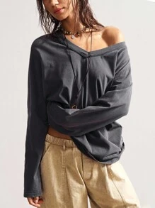 Bohemela Áo thun tay dài bằng cotton giặt, cổ chữ V, màu trơn, họa tiết thêu rỗng, phong cách Boho dành cho nữ, phong cách đồng quê cổ điển phương Tây, thích hợp cho kỳ nghỉ mùa hè/thu/đông - Màu xám đen - Xem 3