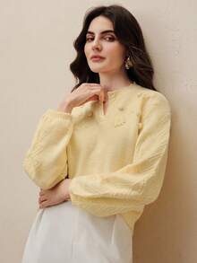 Anewsta Women's Autumn Embroidered Floral Yellow Sweater, Scissor Collar Design, Fashionable Loose Knit Pullover Sweater , Suitable For Winter