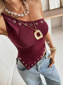 Siren Gaze New Wine Red Rivet Hollow One-Shoulder Top, Sleeveless Wrap Top, Y2K Decadent Style, Metal Top, Autumn Women's Clothing Christmas Summer Burgundy Casual Burgundy Valentine's Day - Burgundy - View 5