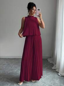 Elenzga Mono elegante y romántico de mujer con cuello redondo, sin mangas y plisado - Burdeos - Ver 3