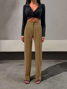 RueChic Solid Straight Leg Trousers - Chocolate Brown - View 3