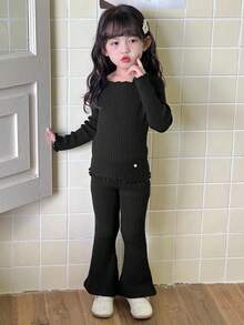 Dazy Kids Young Girl Frill Trim Crew Neck Long Sleeve Sweater And Flared Knit Pants Casual Outfit - Black - View 3